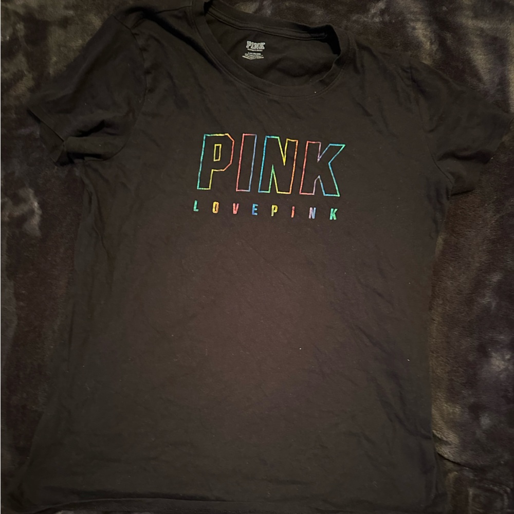 Victoria secret Pink cotton tee black and rainbow logo